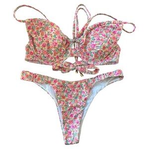 Floral Pink Bikini Set with Tie front and back | Size Large